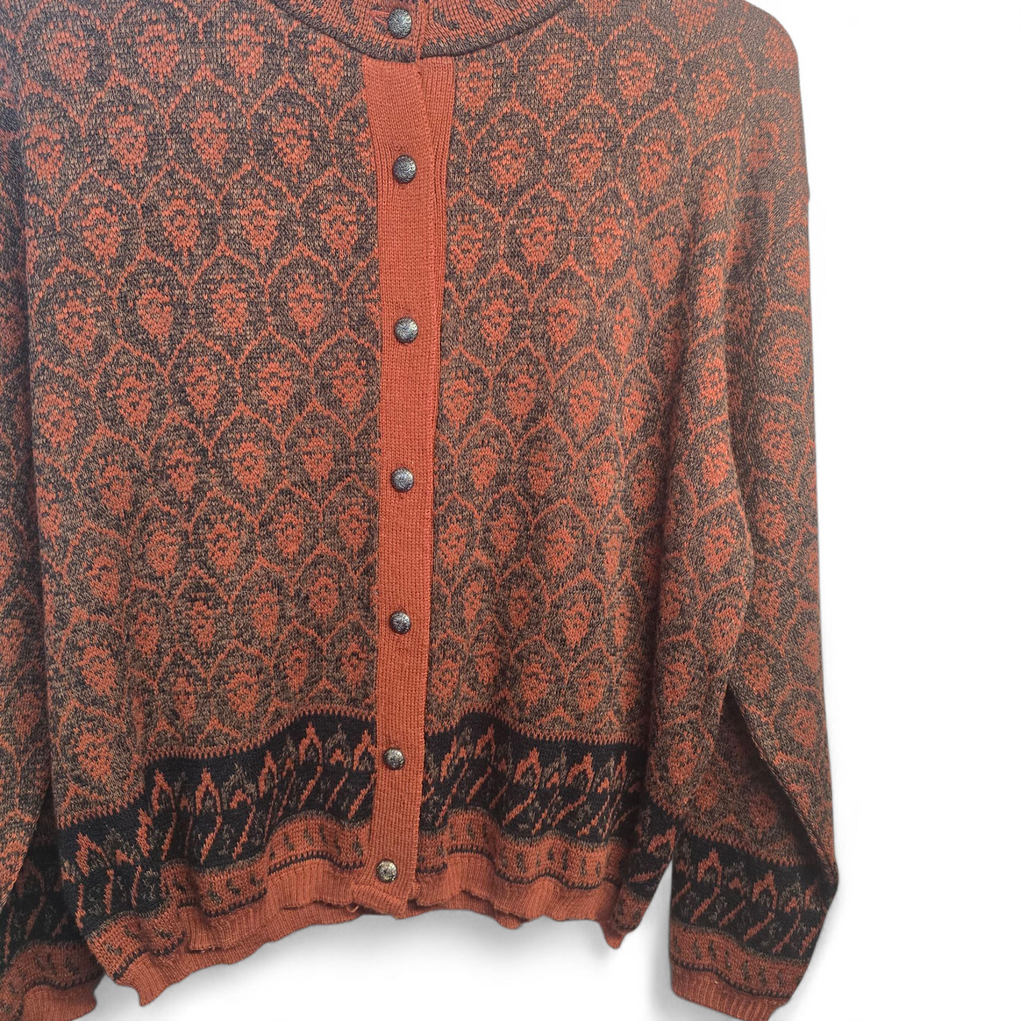 Vintage 1980s Motives Brown & Orange Patterned Knit Cardigan – UK 20/22