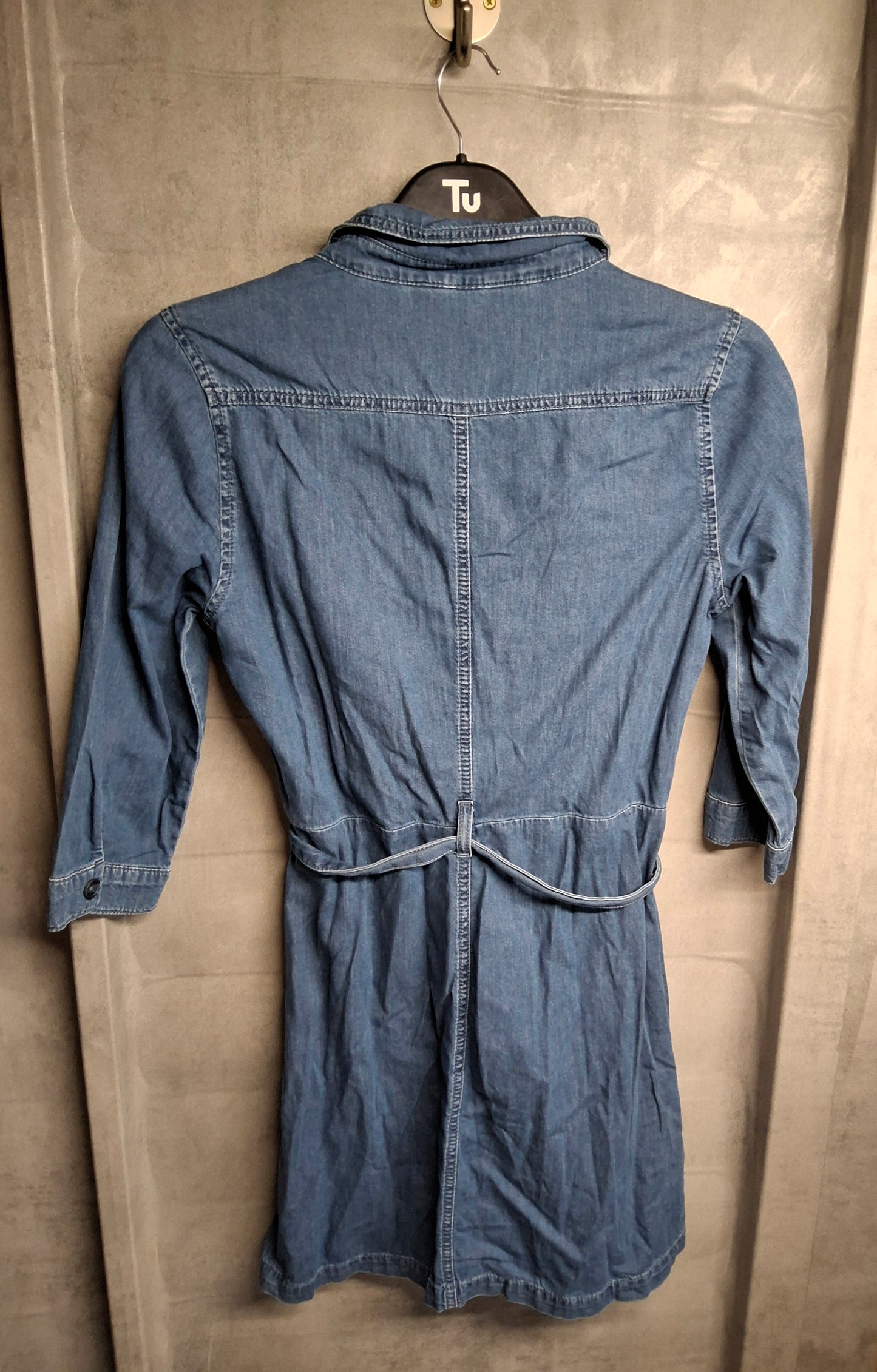 Miss Selfridge Denim Mini Dress – Size 12 – 3/4 Sleeve – Belted Shirt Dress – 100% Cotton