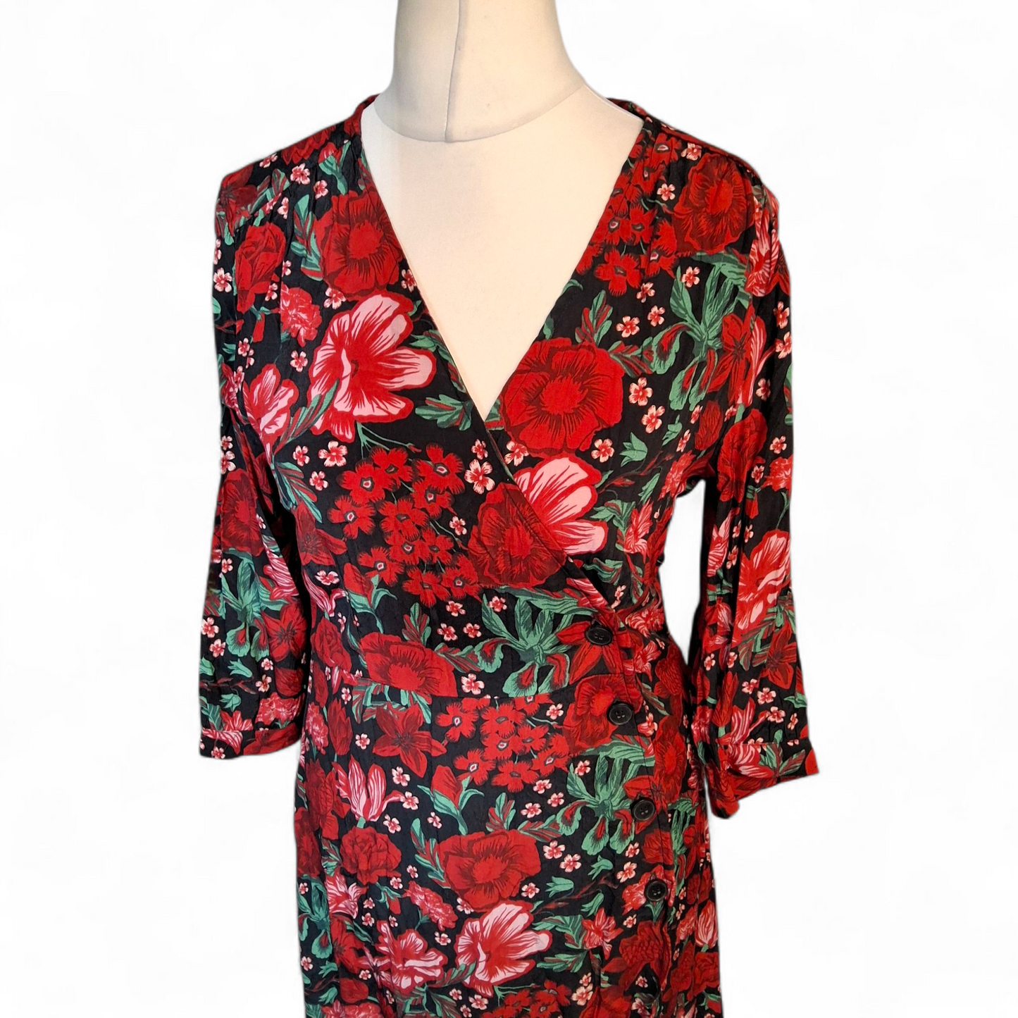 Monki Red Floral Wrap Style Dress – 3/4 Sleeve, Knee to Midi Length – UK 10