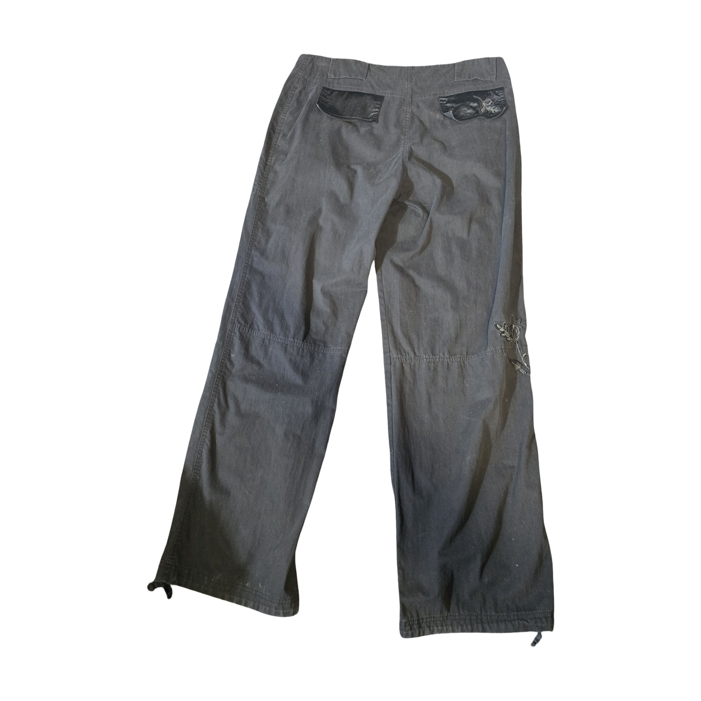 Y2K M&S Black Flare Cargo Trousers – Floral Embroidered, High Waist, Size 14