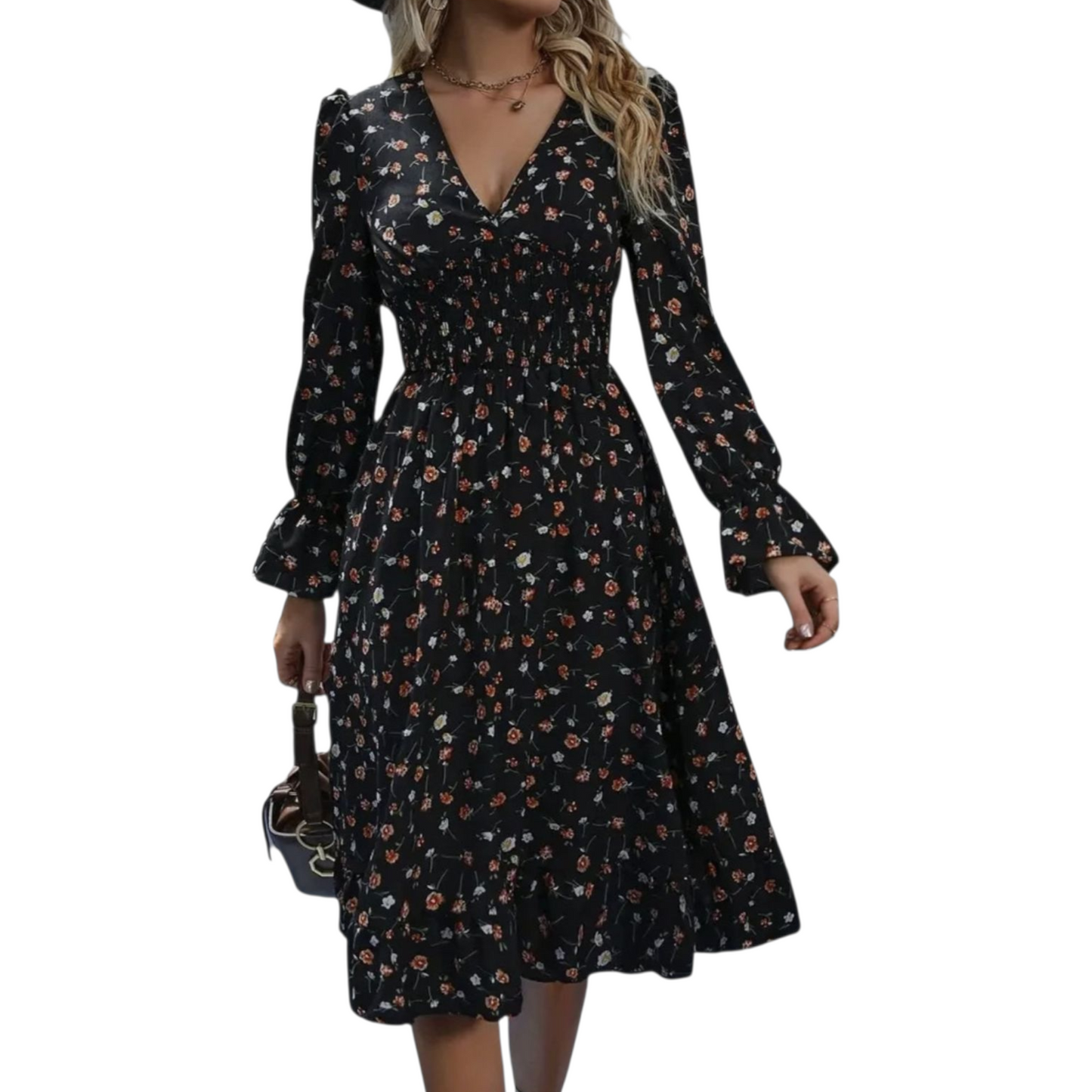 Shein Black Floral Midi Dress – Size M (UK size 10) – Button Front, Long Sleeves, Elastic Cuffs