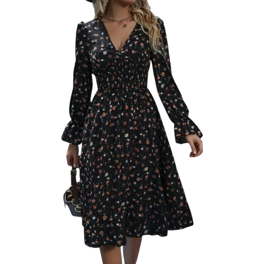 Shein Black Floral Midi Dress – Size M (UK size 10) – Button Front, Long Sleeves, Elastic Cuffs