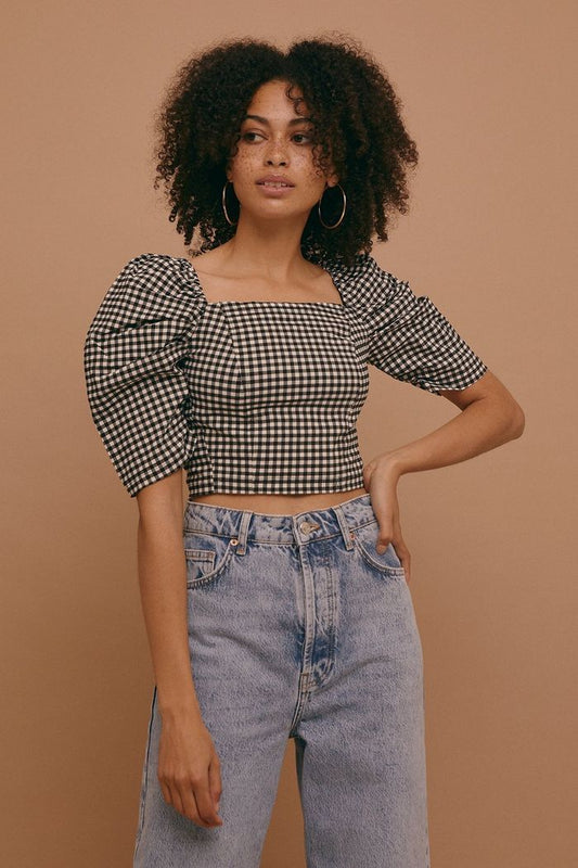 Topshop Check Puff Sleeve Crop Top – Size 10 – Square Neck Sass & Vintage Feels