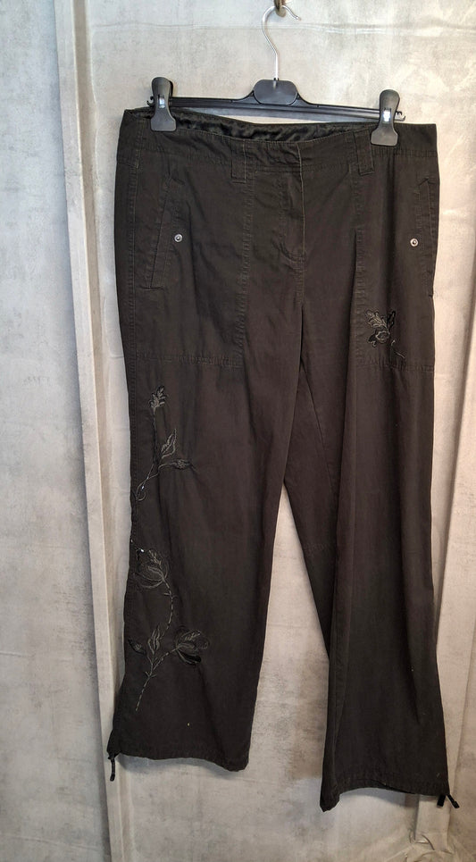 Y2K M&S Black Flare Cargo Trousers – Floral Embroidered, High Waist, Size 14