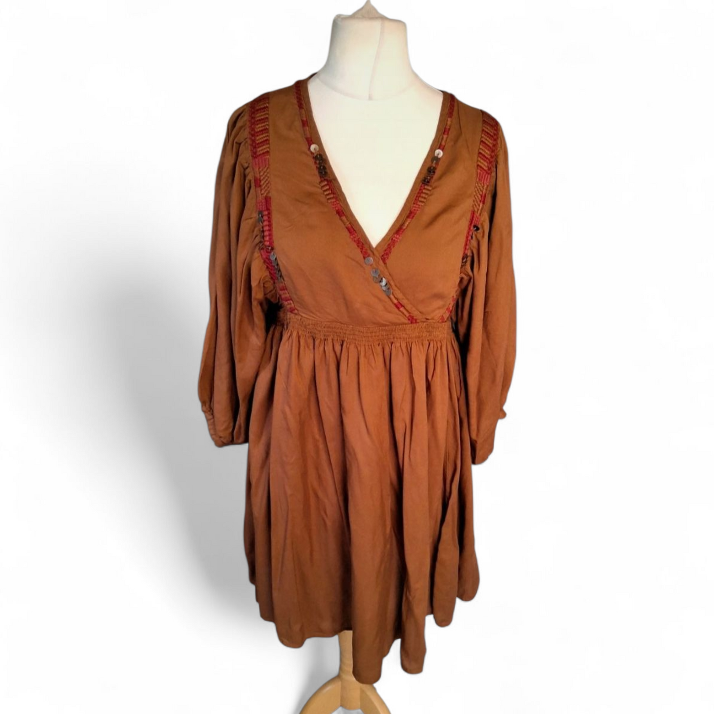 Monsoon Light Brown Embroidered Dress – Size 12 – 100% Viscose