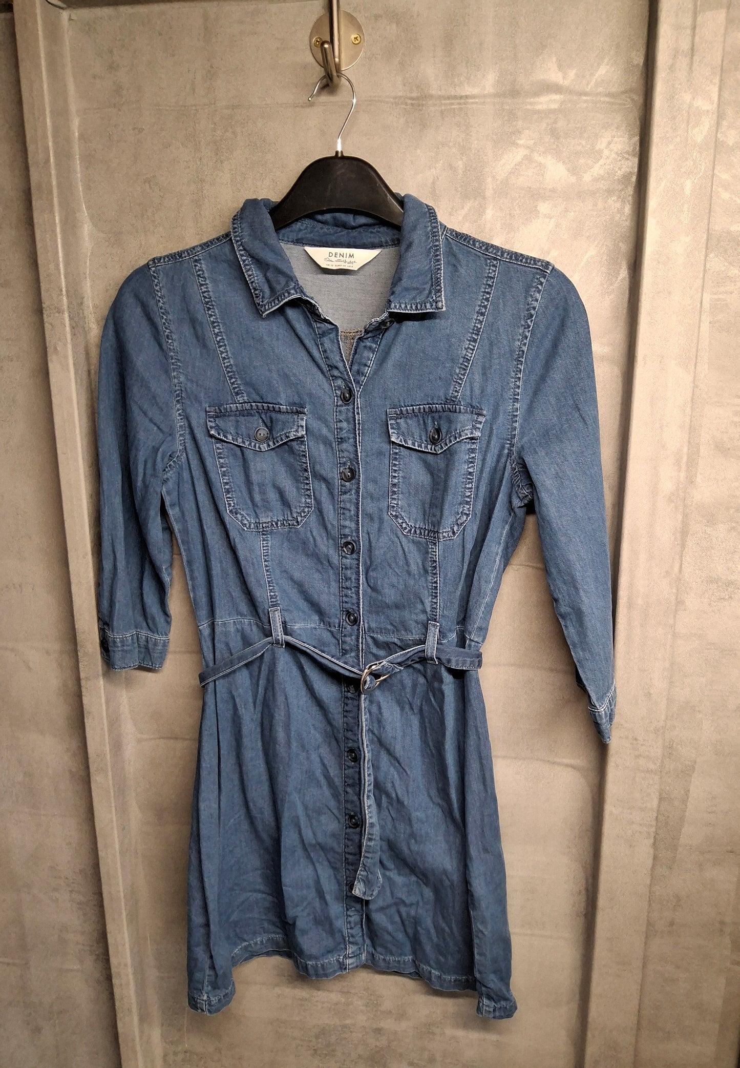 Miss Selfridge Denim Mini Dress – Size 12 – 3/4 Sleeve – Belted Shirt Dress – 100% Cotton
