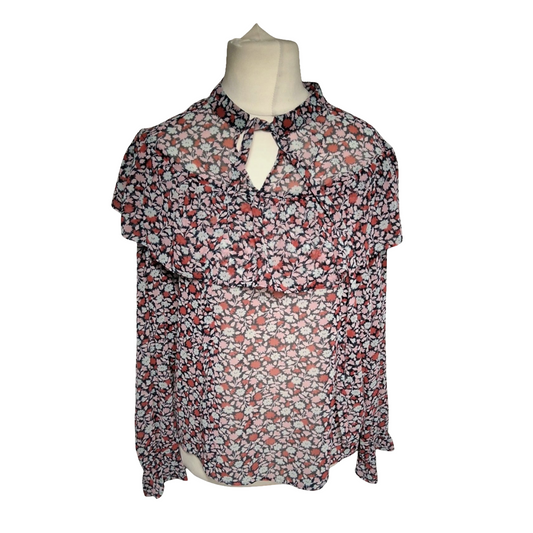 M&S Pink, Red & Navy Floral Sheer Blouse – Size 14