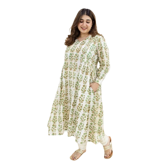 The Indian Ethnic Co Cream & Green Leaf Print Tunic Dress – Size 3XL