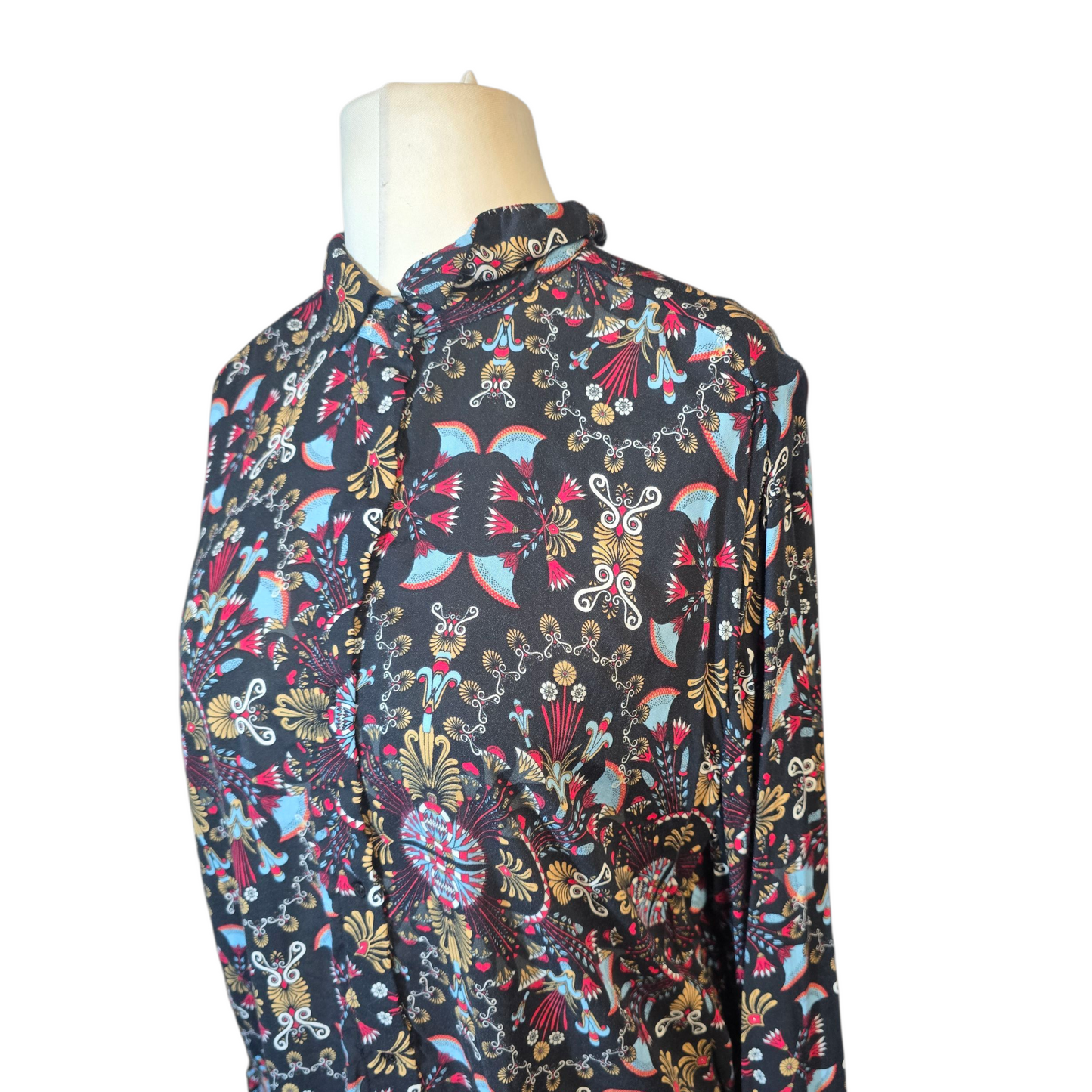 Mango Black Multicoloured Patterned Shirt – Long Sleeve, Size L (UK size 12)