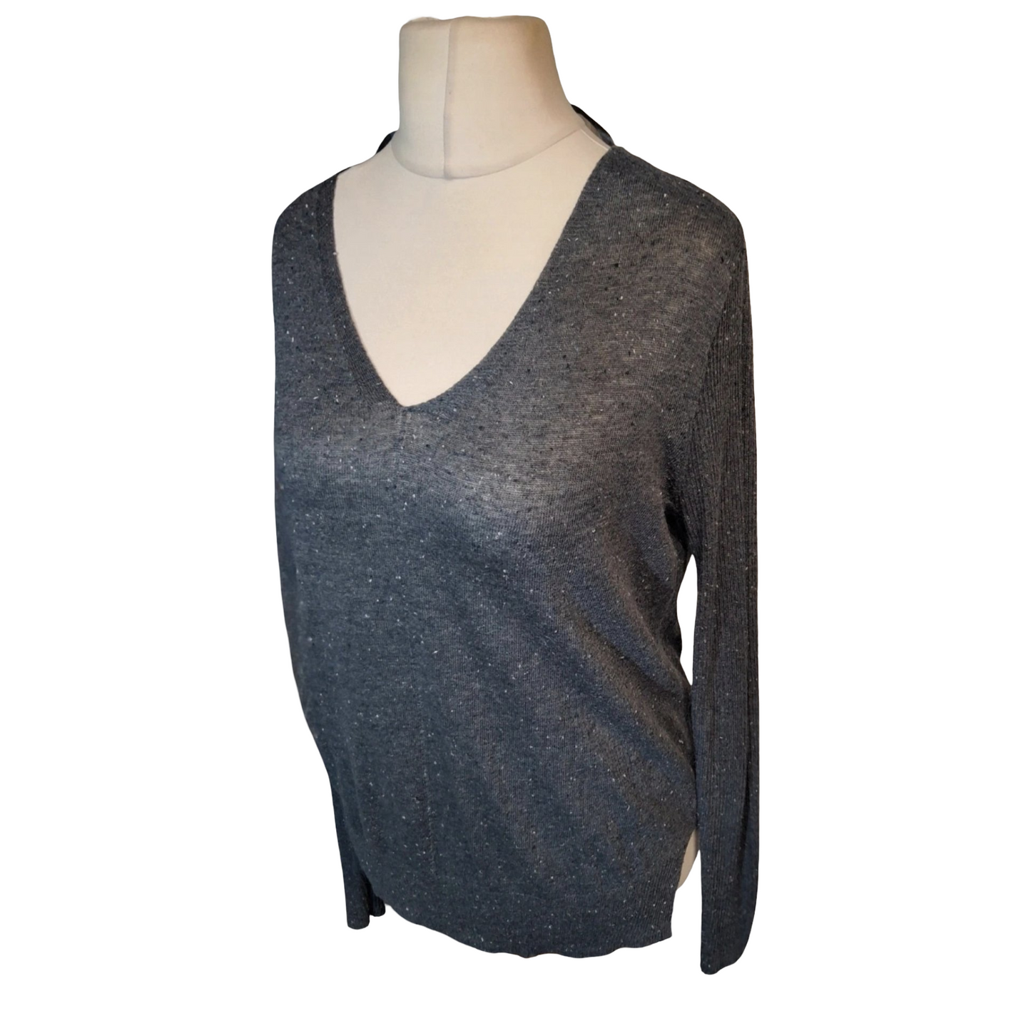 Primark Grey Speckled V-Neck Jumper – Size 12 – Lightweight Knit