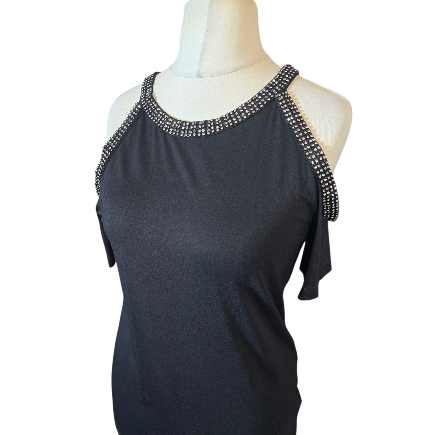 Black & Silver Gem Cold Shoulder T-Shirt – Size 14, Stretch Fit
