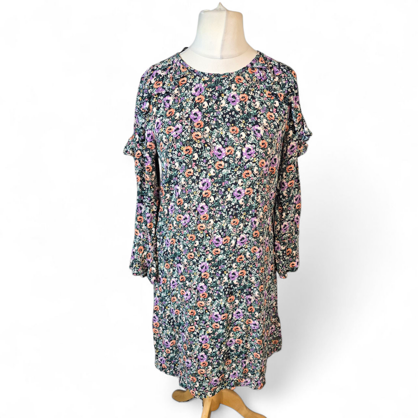 Monsoon Multicoloured Floral Knee-Length Dress – Size 12 – Frill Detail & ¾ Sleeves