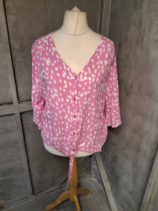 George Pink Abstract Tie-Front Blouse – Size 22 Viscose ¾ Sleeve
