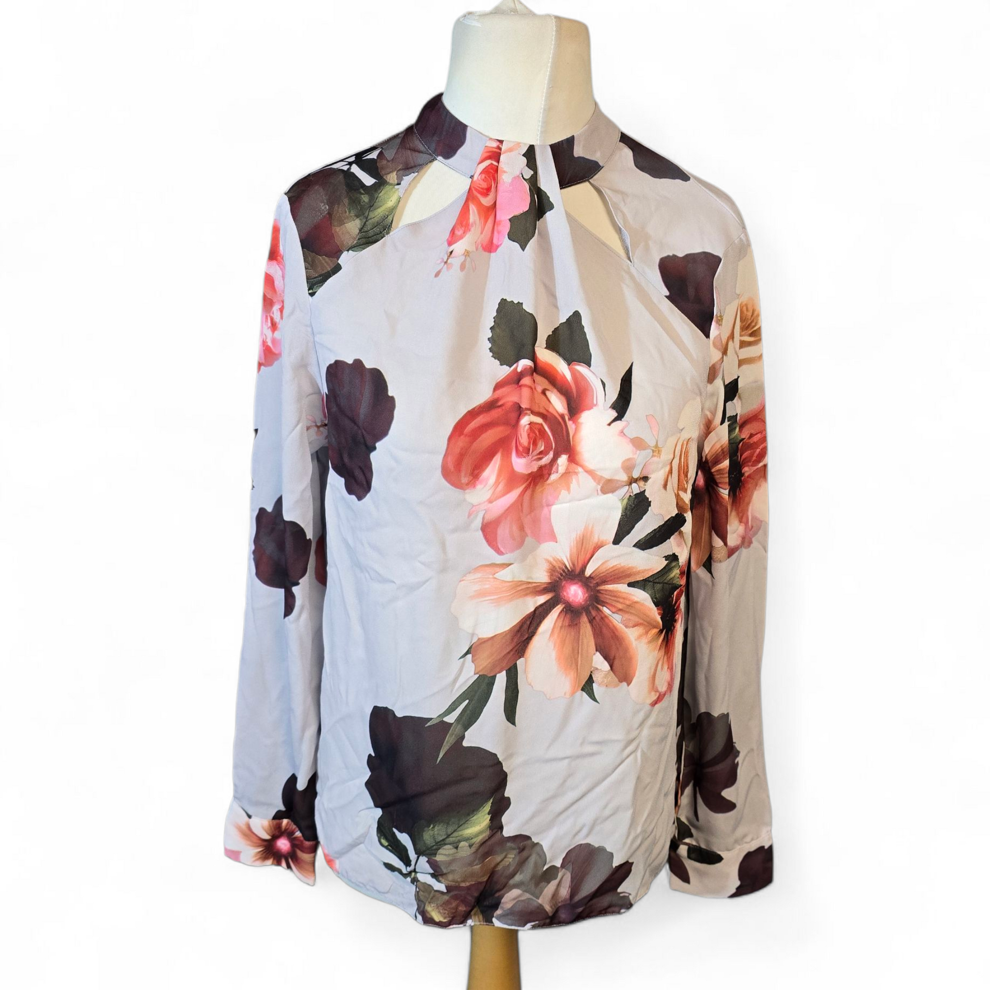Dorothy Perkins Grey & Multicoloured Floral High Neck Sheer Blouse – Size 10