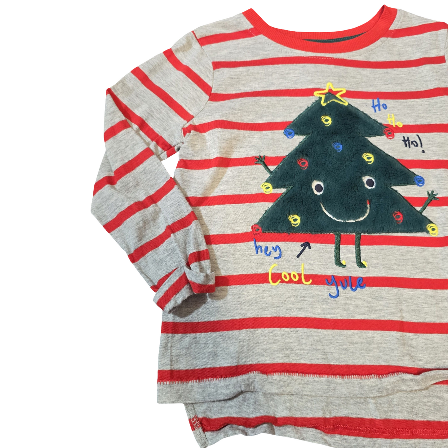 George Grey & Red Striped Xmas Top – Age 2–3 – Fluffy Tree Design