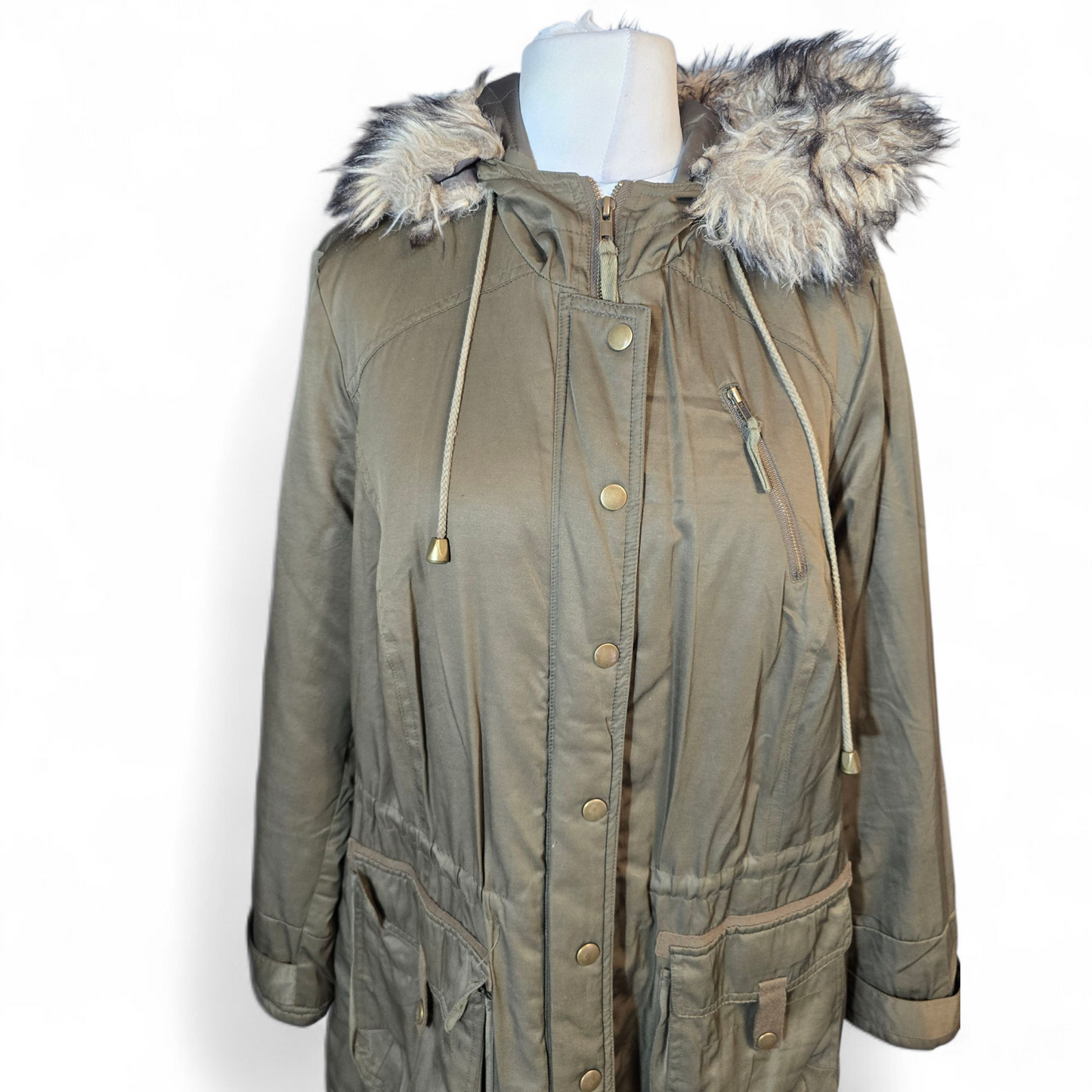 Ann Harvey “Anya” Khaki Green Coat – Size 18 – Faux Fur Hood
