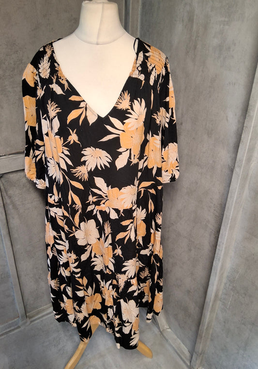 F&F Black & Coral Floral Dress | Size 20 | Viscose | Midi Length | ¾ Sleeve
