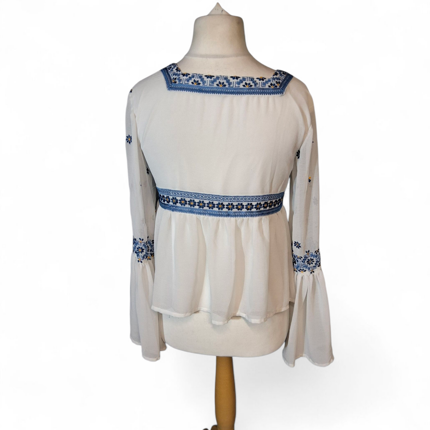 Topshop White & Blue Embroidered Top – Size 10 – Sheer Flared Sleeves