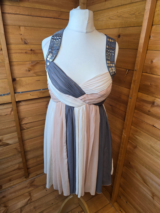 Lipsy Beige Grey Cream Flared Mini Dress Size 12 – Gem & Sequin Detail, Sleeveless, Zip Back