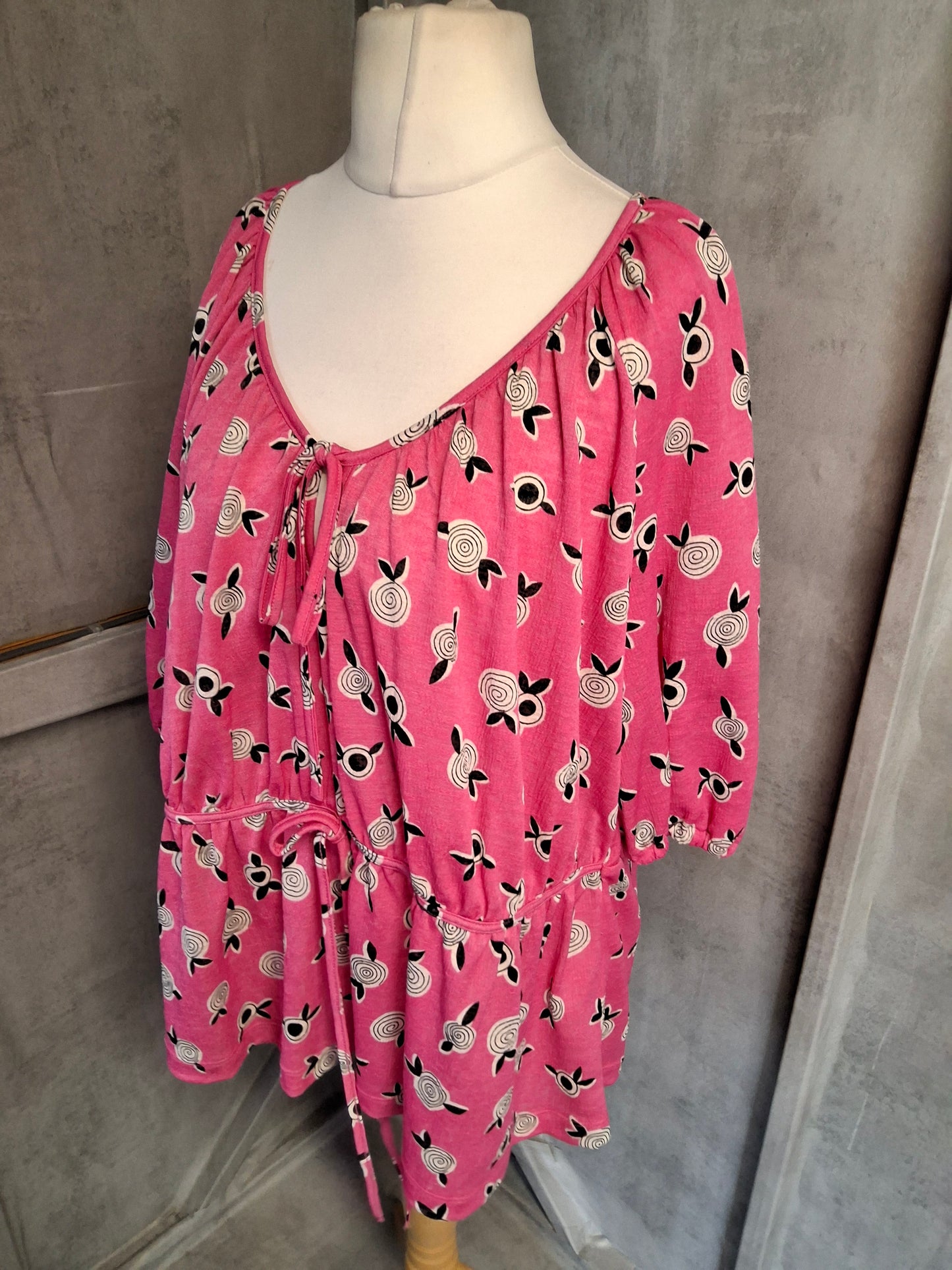 Celia Birtwell for Next Pink ¾ Sleeve Waist Tie Top – Size 18