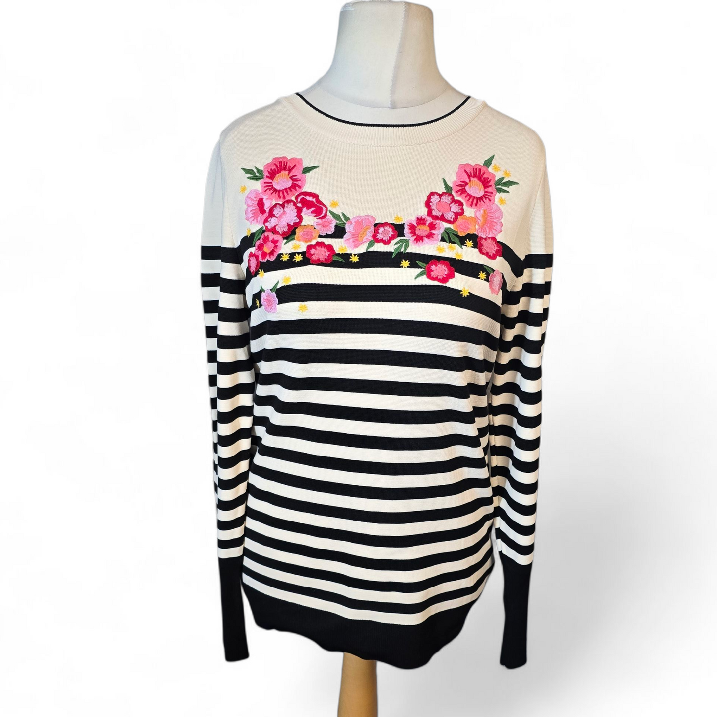 Next Black & White Striped Jumper with Pink Floral Embroidery – Size 12
