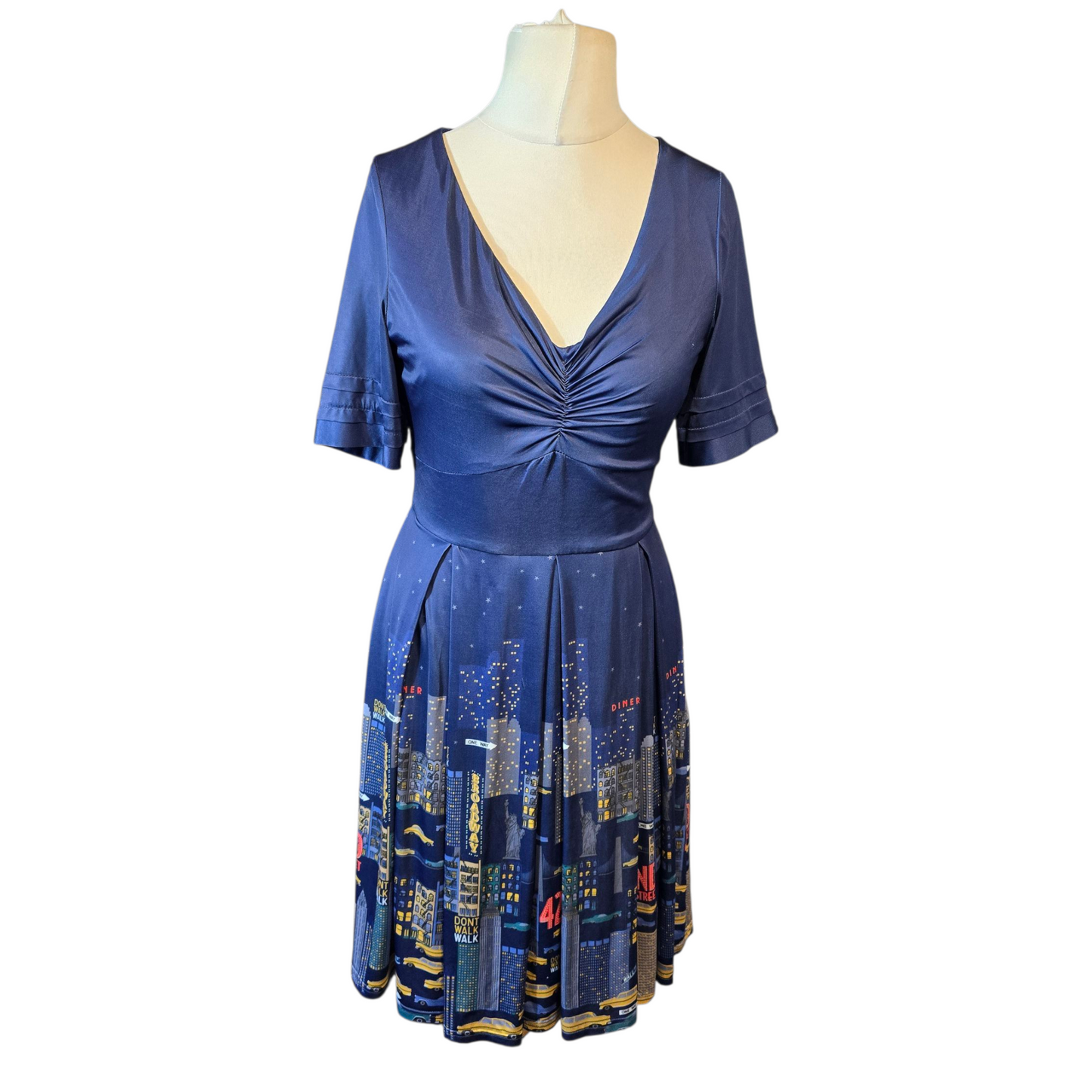 Lindy Bop Navy New York Print Midi Dress – Size 10 – Ruched Bust & Lined