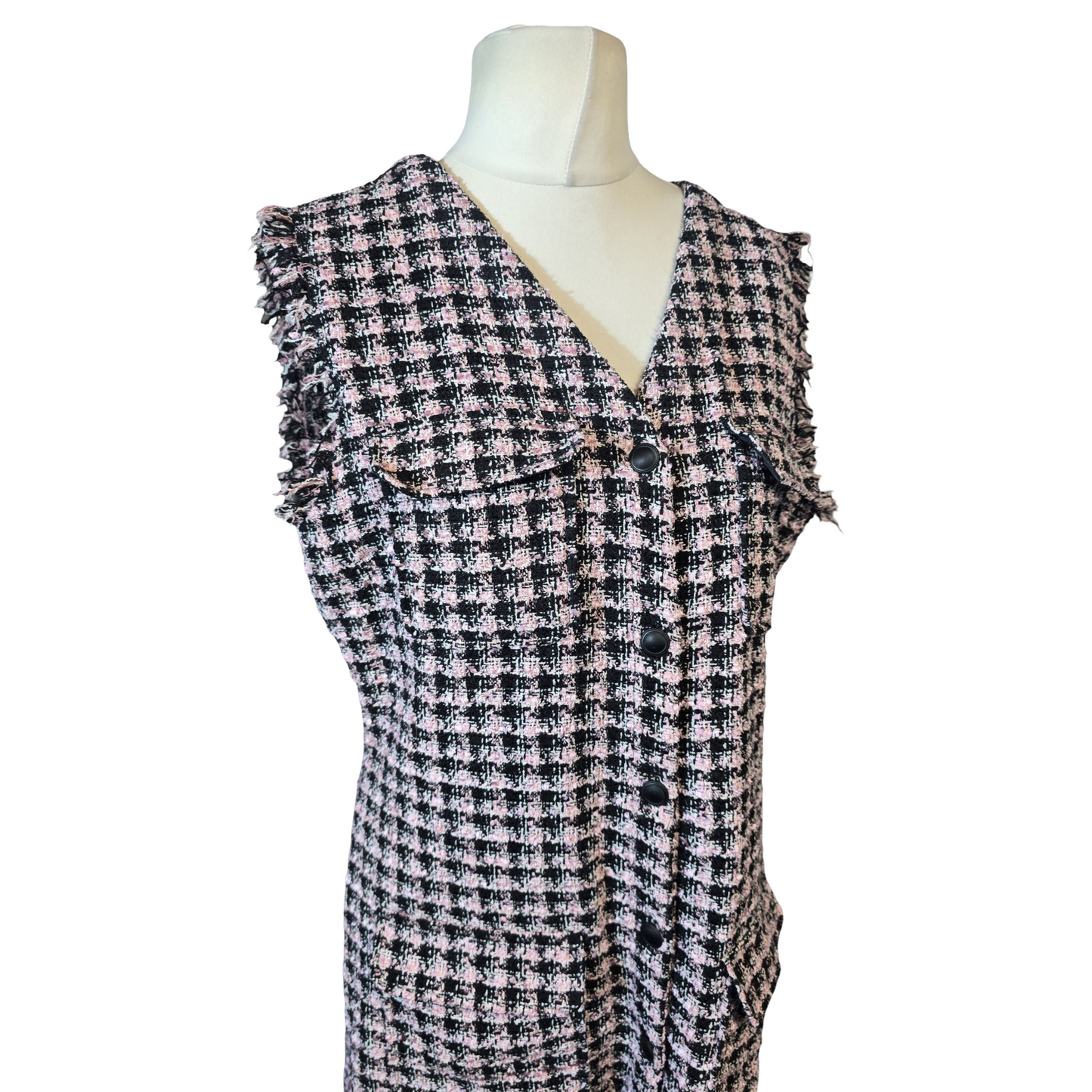 Primark Pink & Black Checked Sleeveless Shirt Dress – Size 14 – Tweed Style