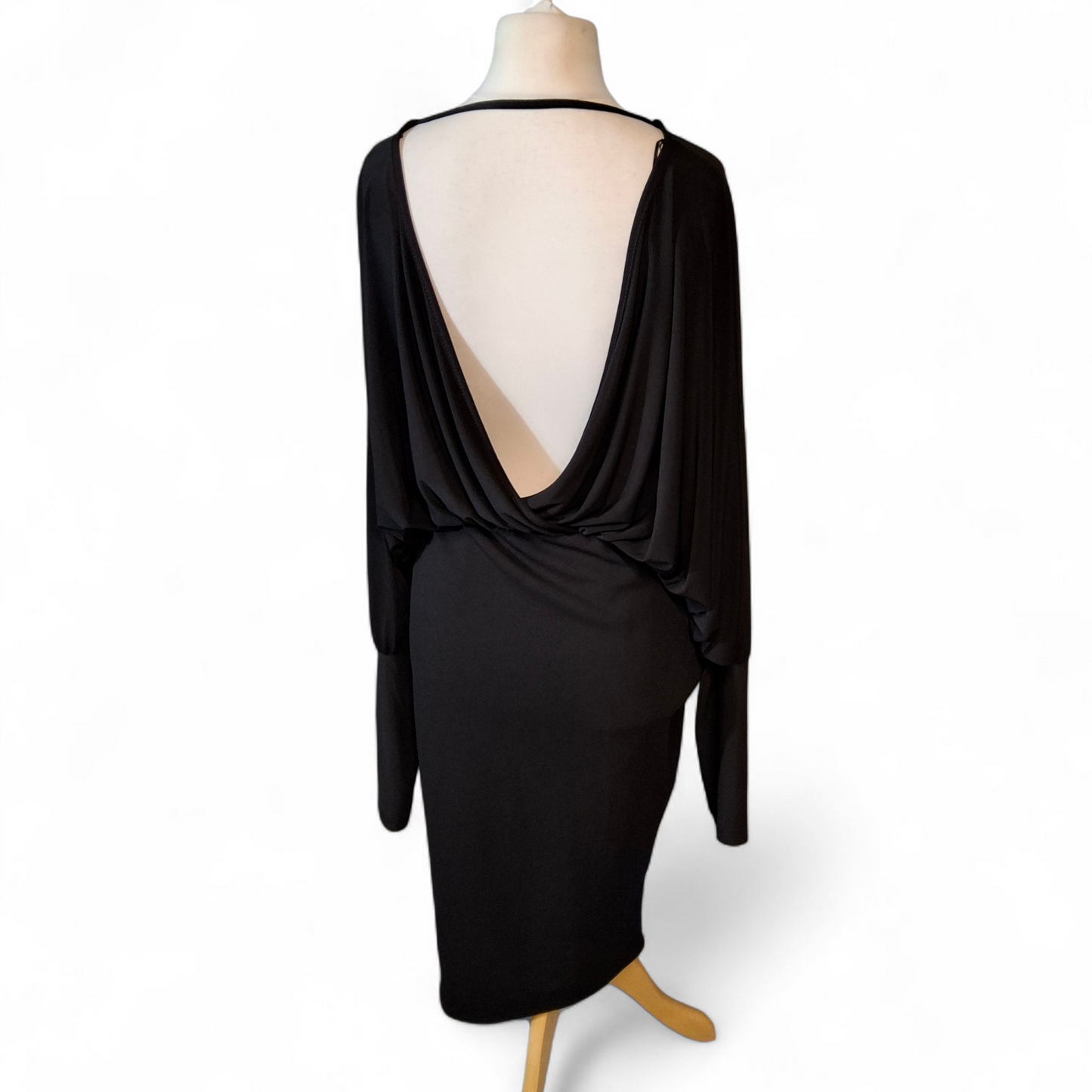 Quiz Black Batwing Wrap Midi Dress – Open Back, Size 16