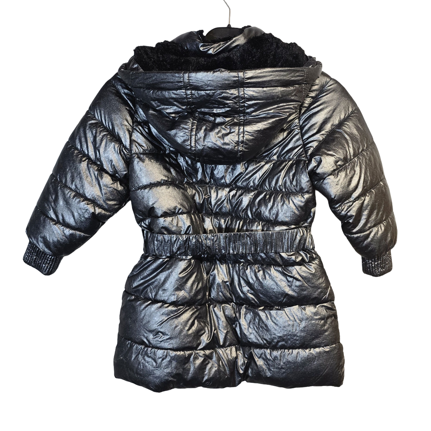 M&S Black Metallic Puffer Jacket – Fleeced Hood & Collar, Size 3–4 Years Girls