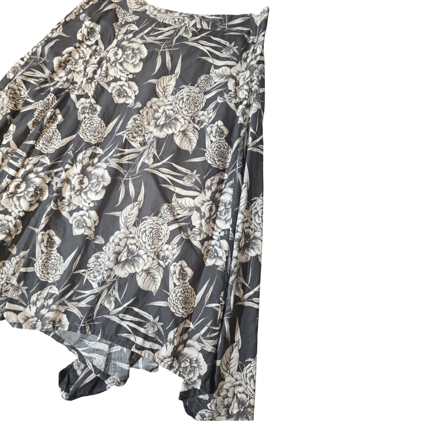 Thought Grey & White Floral Asymmetrical Midi Skirt – Size 18, 100% Lyocell, Elastic Back