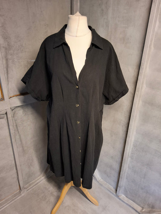 H&M Black Linen Blend Button-Down Dress – Size XL (UK 16/18) – Missing Belt