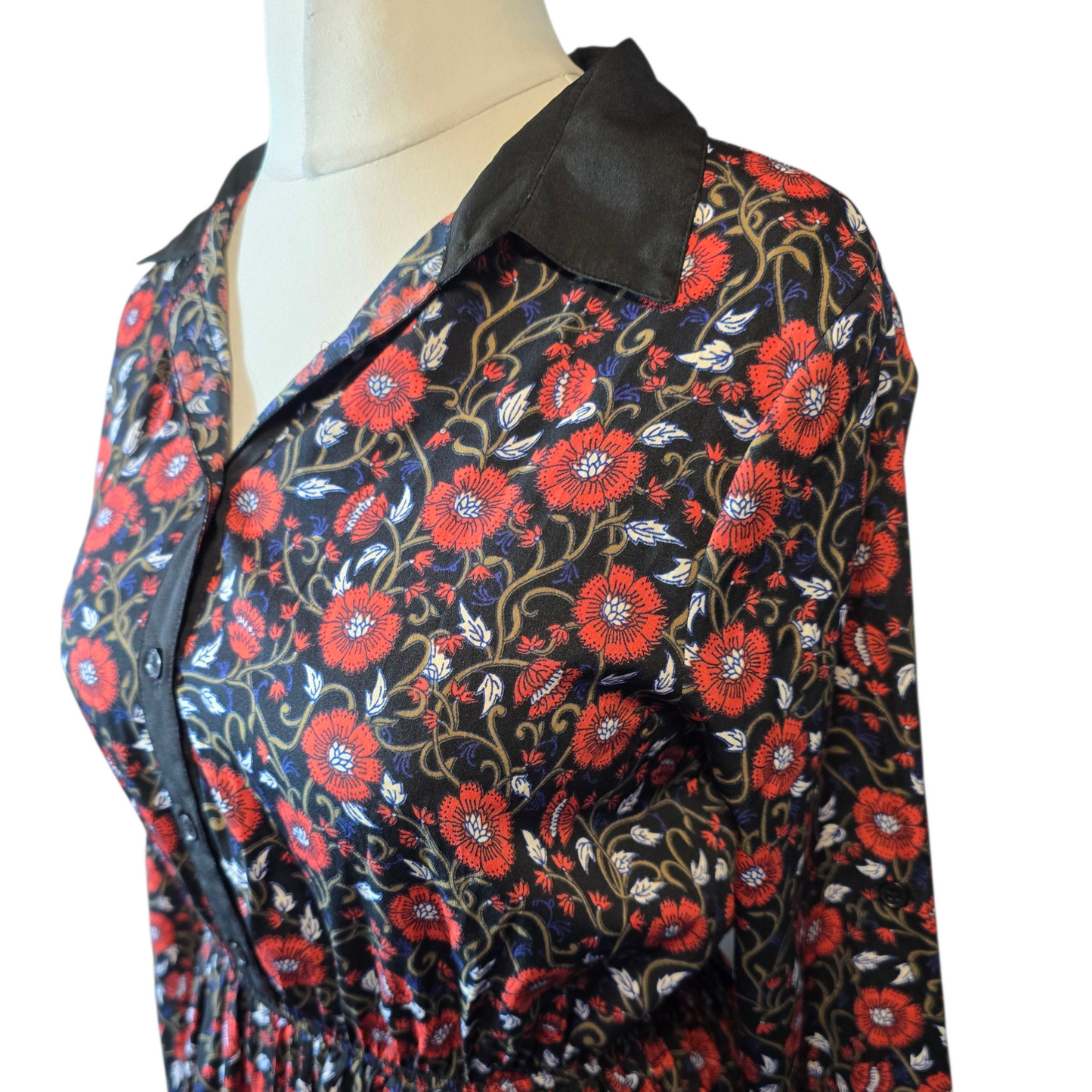 Primark Black & Red Floral Collared Dress – Size 12 – Long Sleeved Knee Length