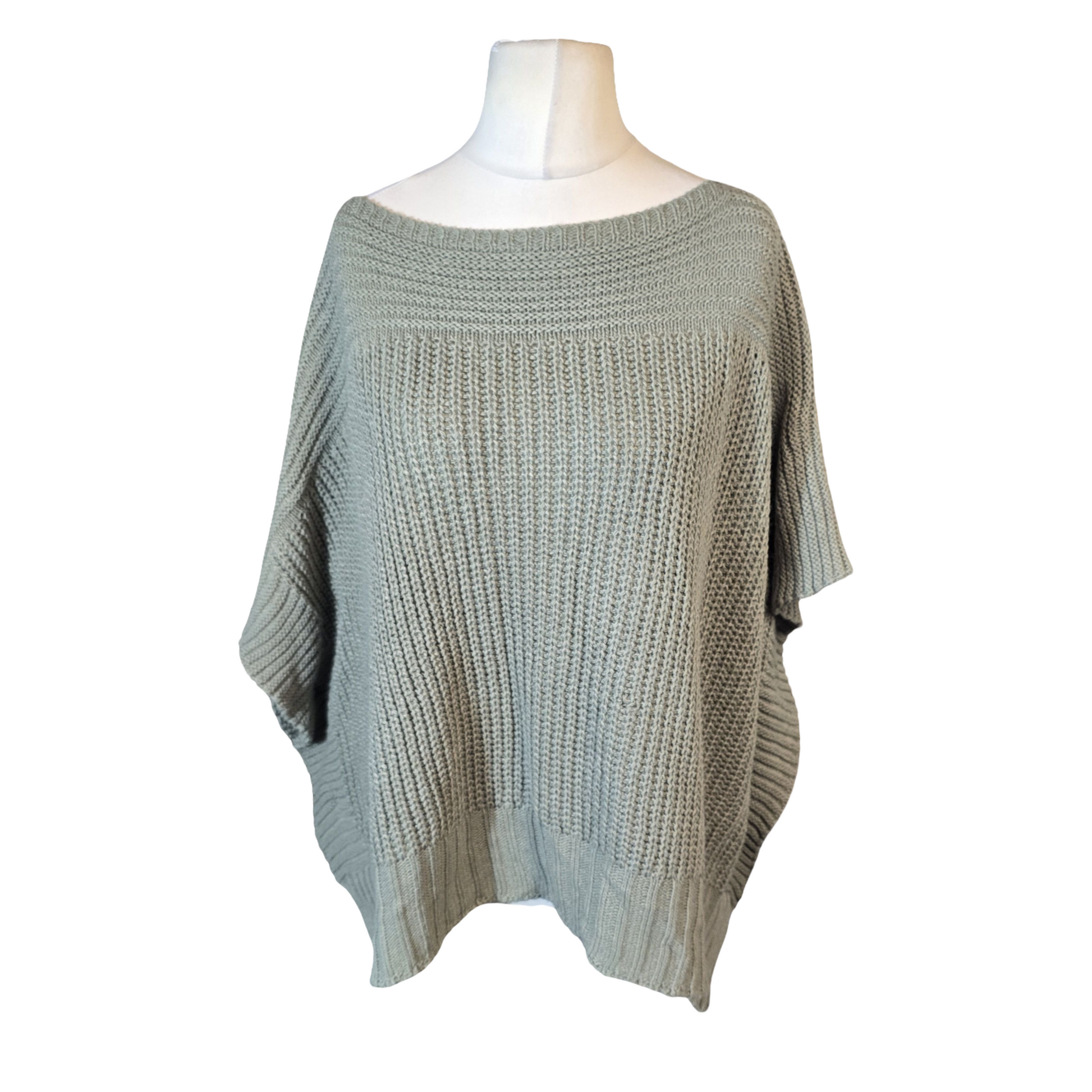 Khaki Green Oversized Knitted Jumper – Button Sleeve Detail – One Size Plus Fit