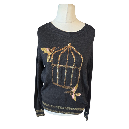 H&M Black & Gold Sequin Birdcage Jumper – Size S (size 10/12) – Longline Knit