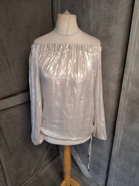 Next Cream Ivory Off-Shoulder Shiny Long Sleeve Top – Size 14
