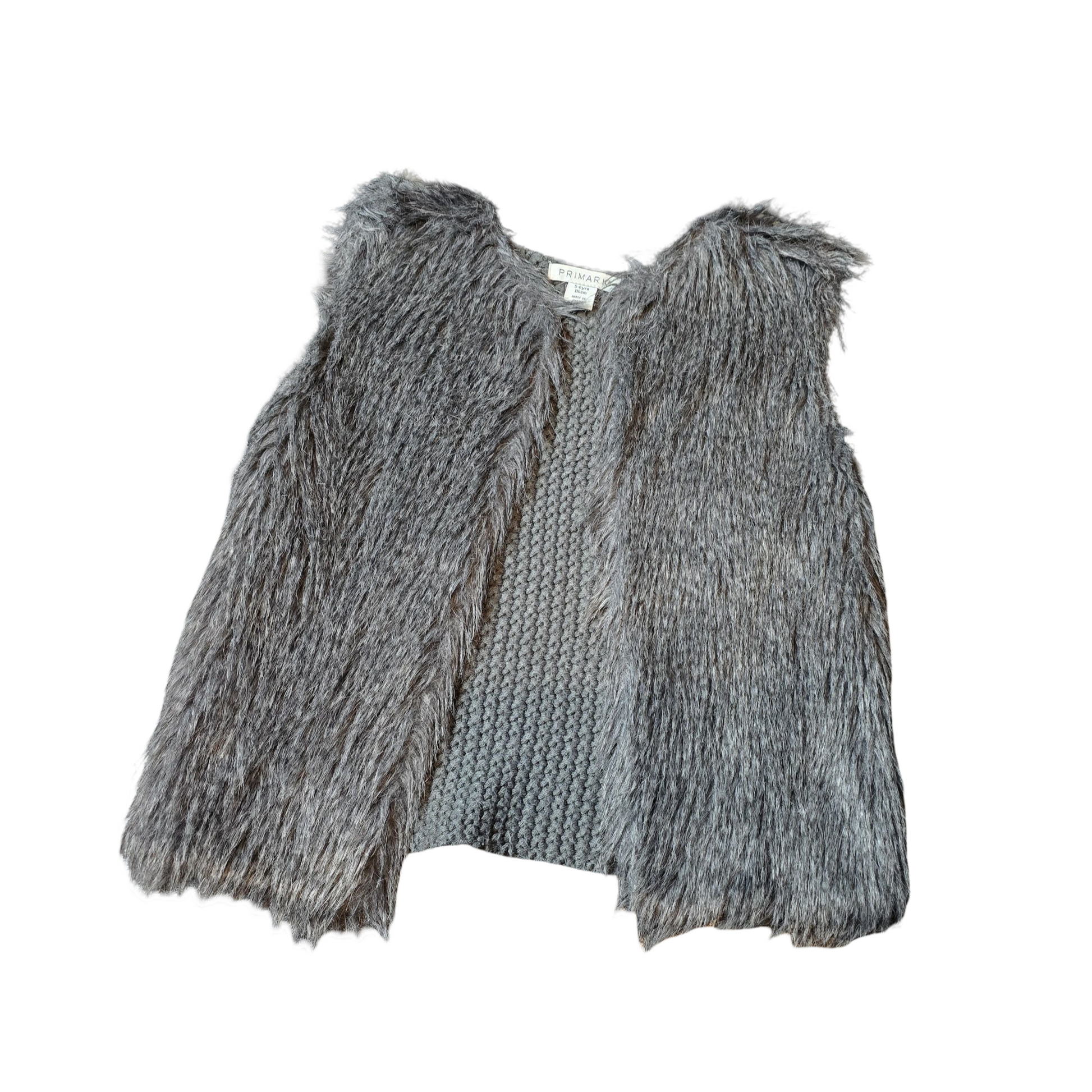 Primark Grey Faux Fur & Knit Gilet – Girls 5–6 Years – Sleeveless Open Front