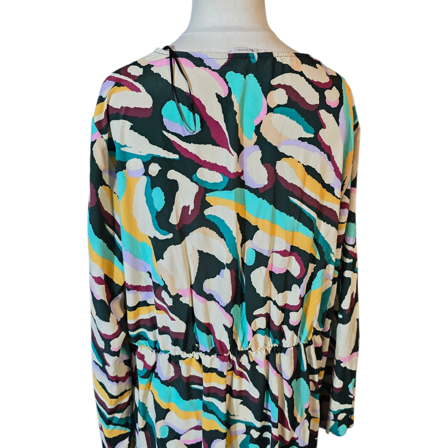 Tu Multicolour Abstract Midi/Maxi Dress – Size 22 – Long Sleeve Ruched Detail