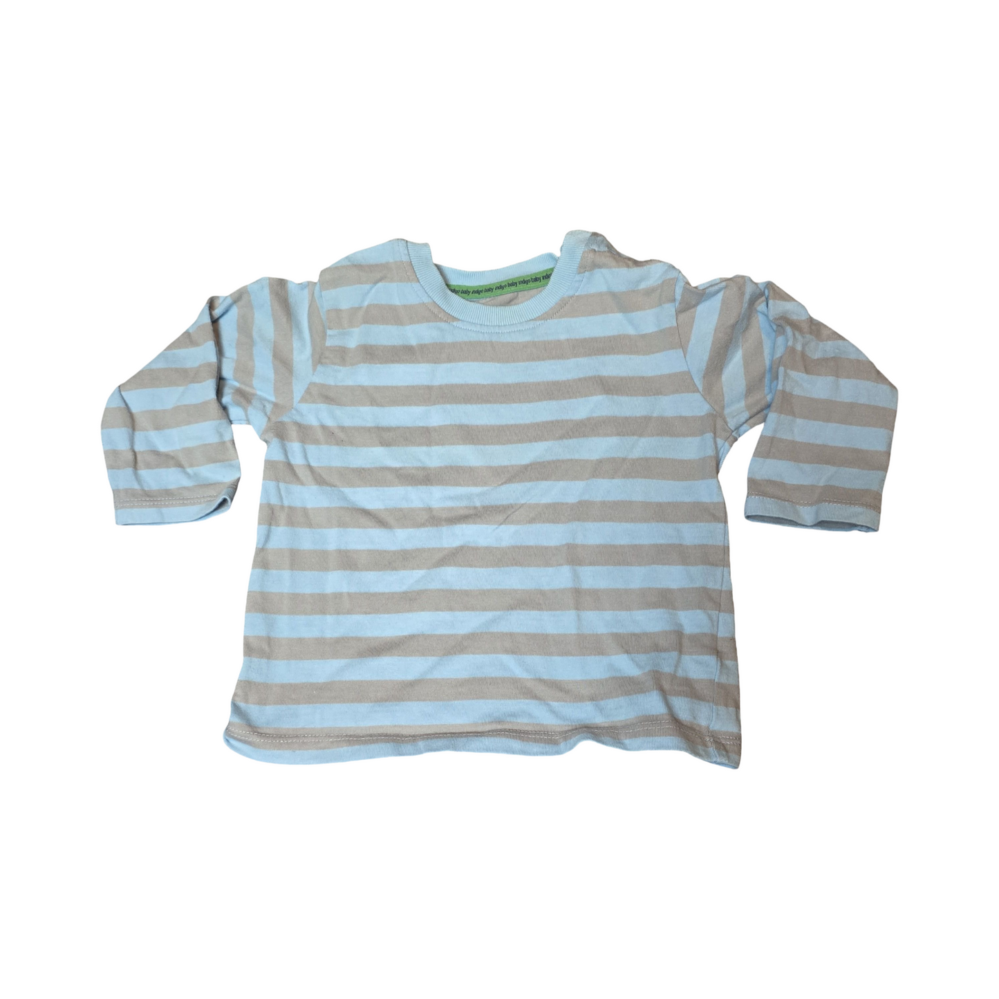 M&S Blue & Grey Striped T-Shirt – Boys 6–9 Months – 100% Cotton