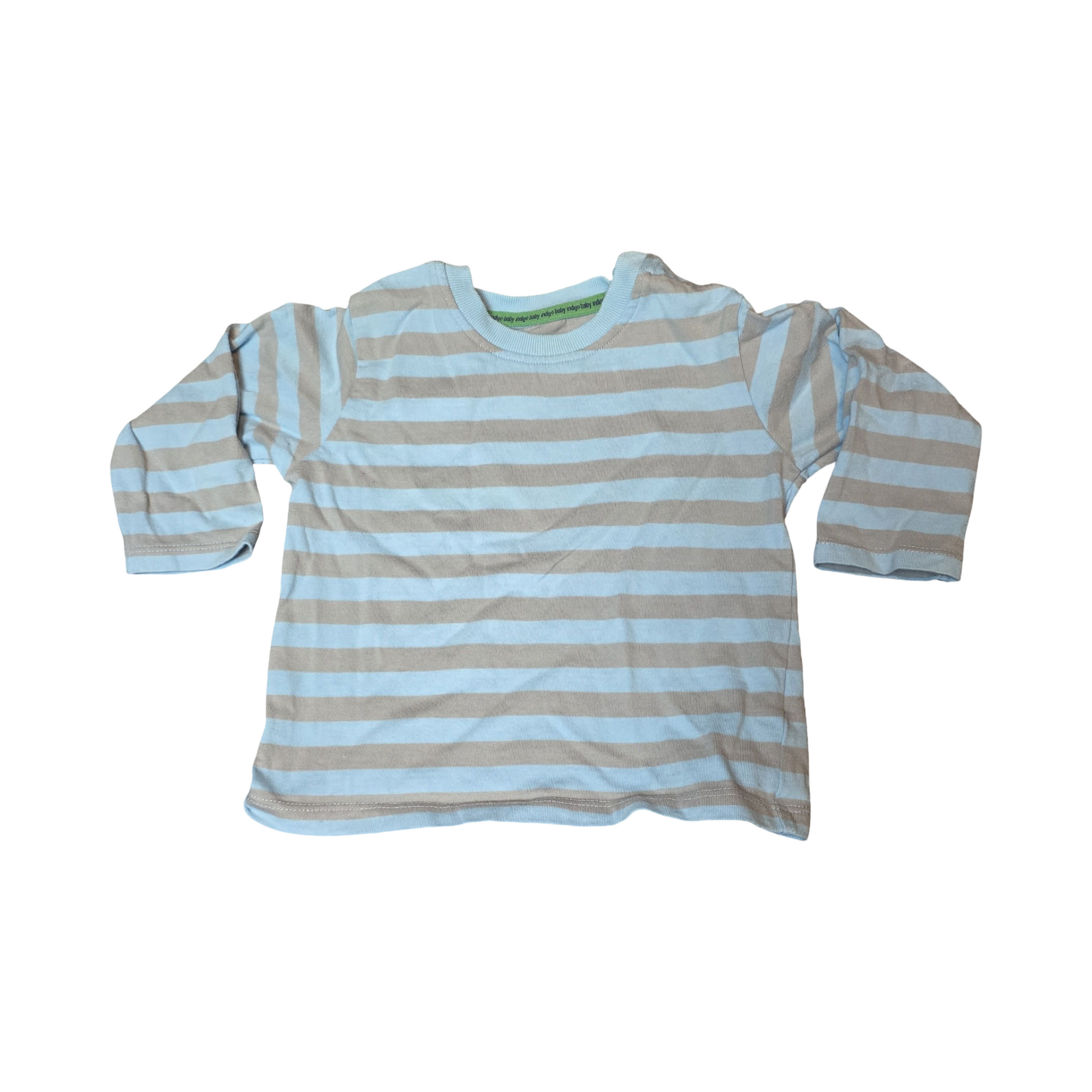M&S Blue & Grey Striped T-Shirt – Boys 6–9 Months – 100% Cotton