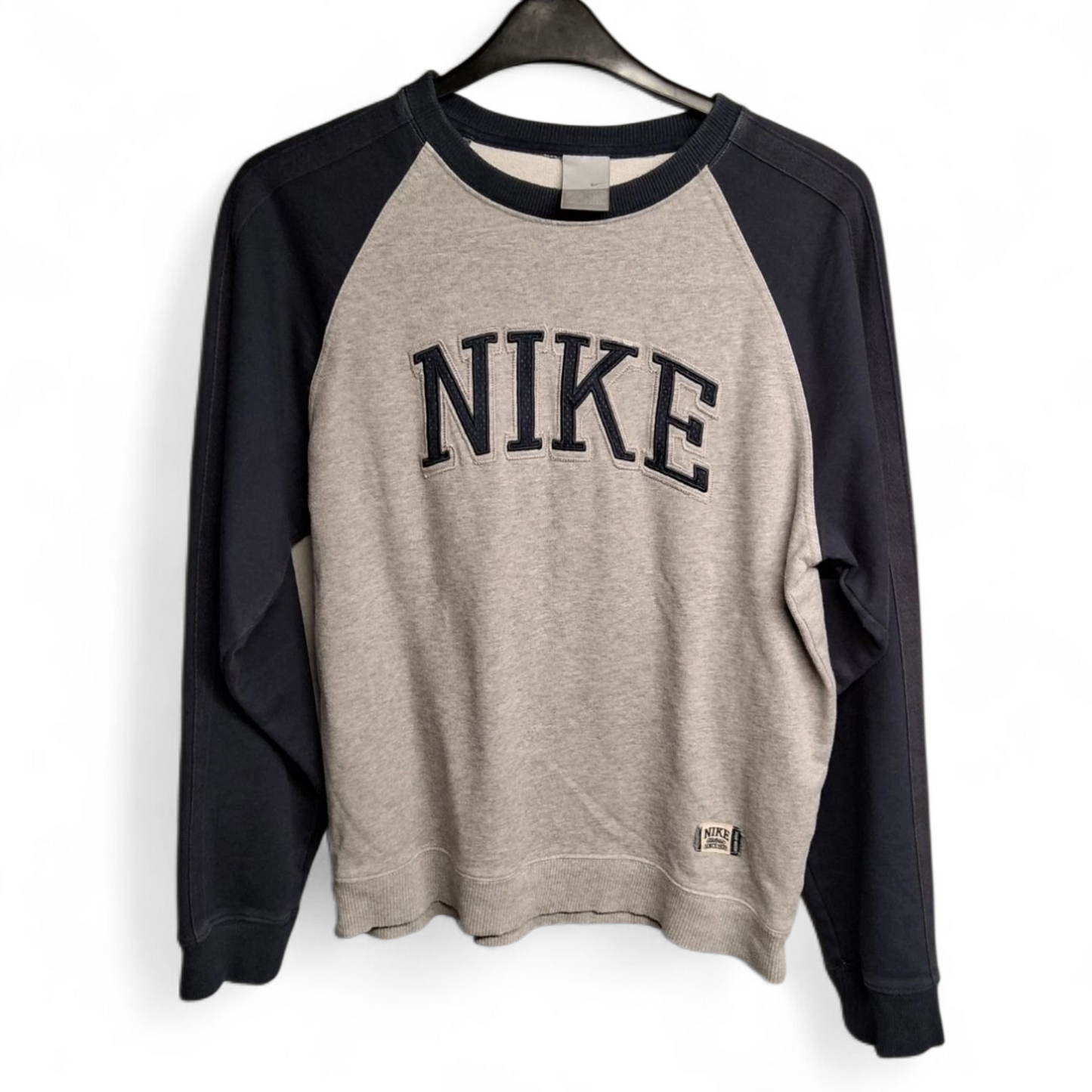 Men's Y2K Nike Grey & Navy Sweater – Small, Long Sleeve, Crew Neck, Logo Front, Sporty Retro Fit