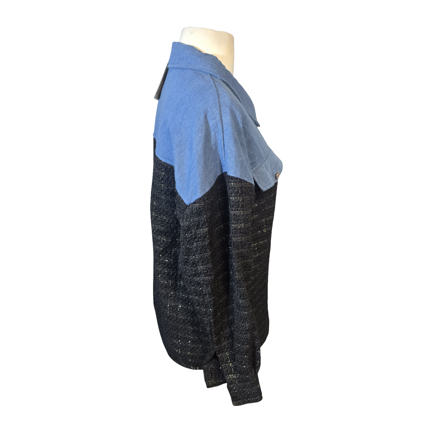 Koolook Blue Denim & Black Knit Shirt – Gold Thread – Size M (Fits size 12/14) – NWT