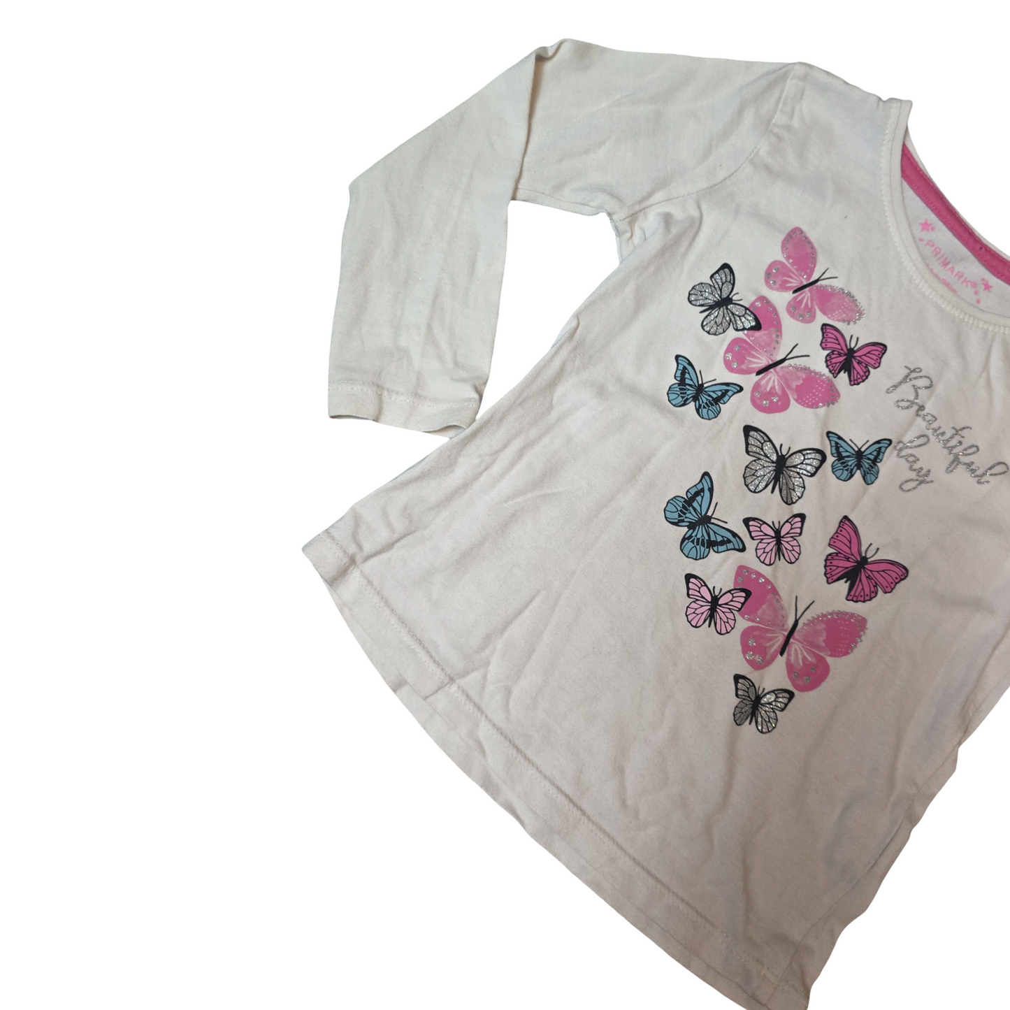 Primark Girls White Butterfly T-Shirt – Age 2–3 Years – 100% Cotton