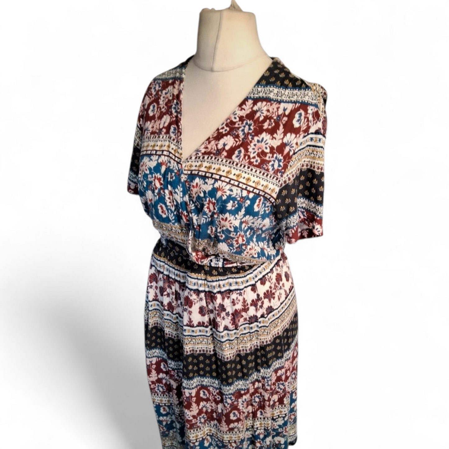 FatFace Mixed Floral Stripe Midi Dress – Size 14 – Boho Cool