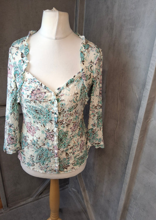 Per Una M&S Floral Lace Mesh Top Size 12 | Stretchy Semi-Sheer Blouse | Frill Neck ¾ Sleeve Top