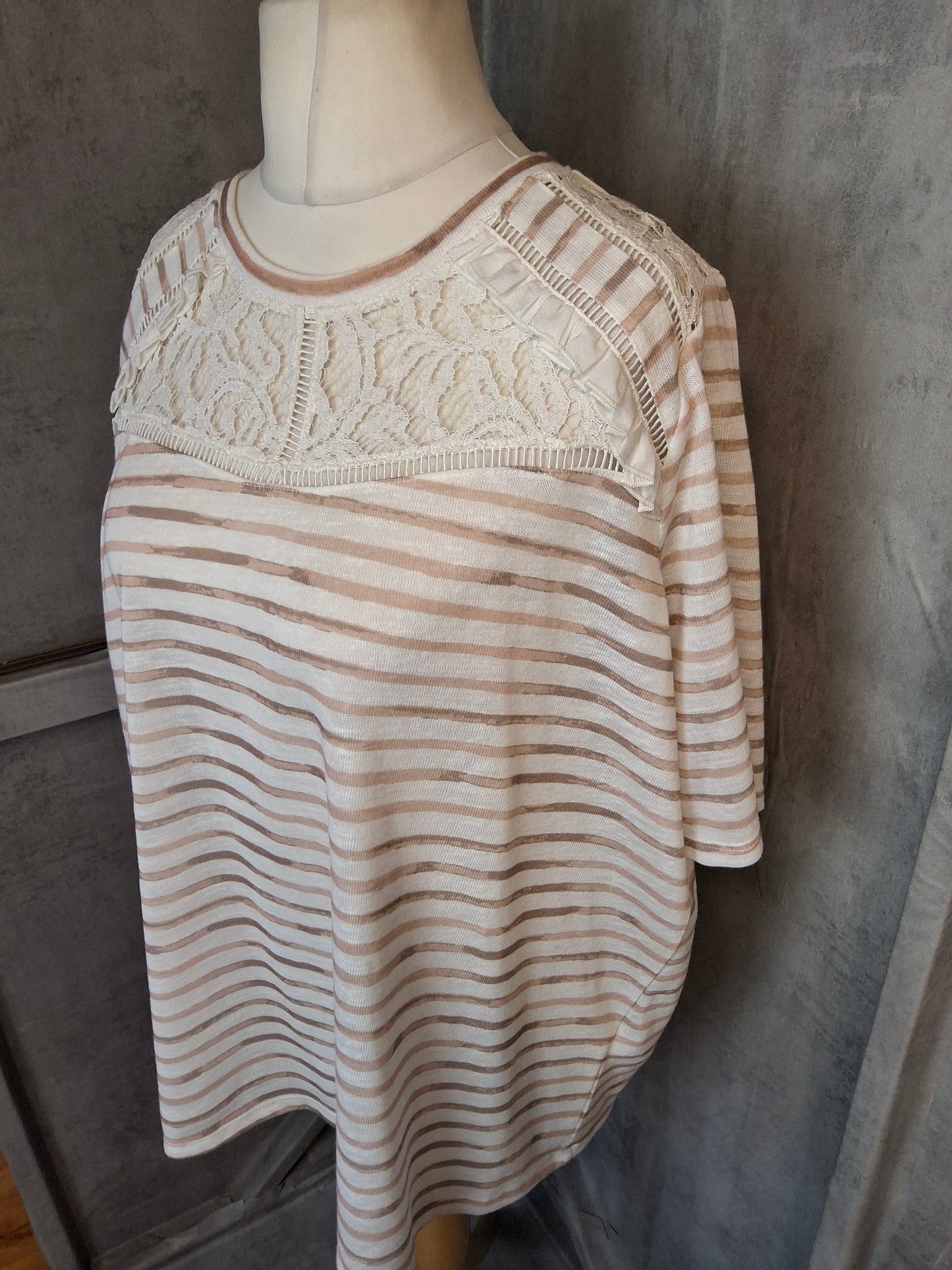 Per Una Stripe Lace Trim T-Shirt Size 22 | Plus Size Casual Cotton Blend Top