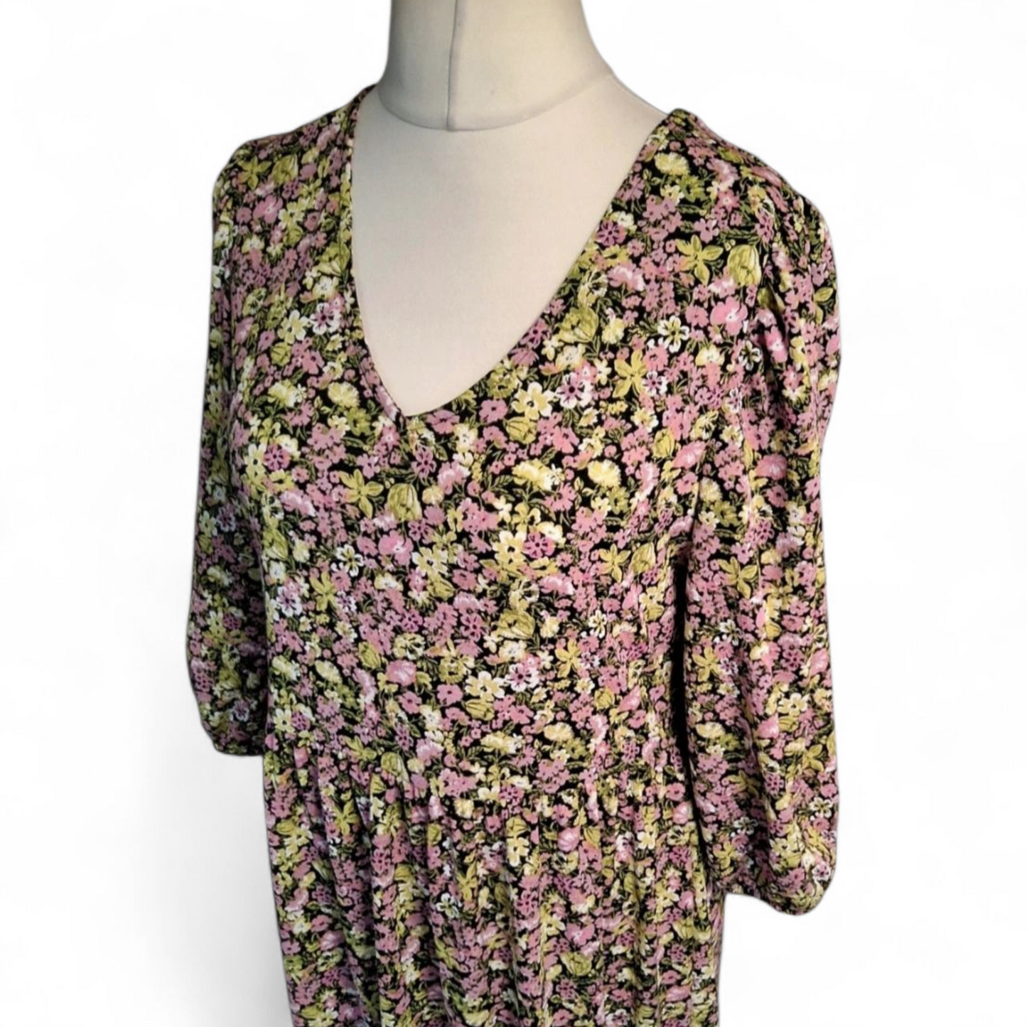 Nutmeg Pink & Green Floral Midi Dress – Size 12