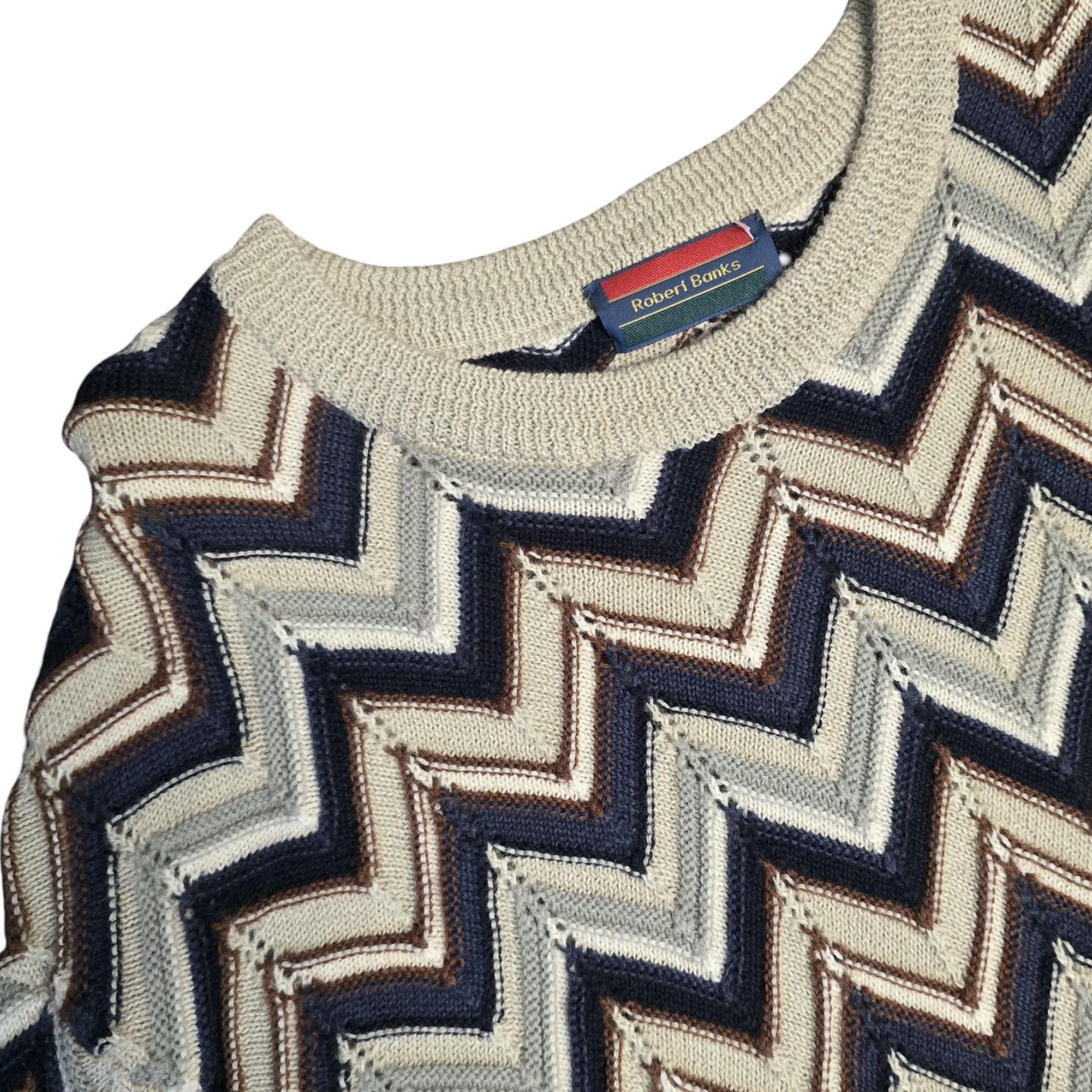 Robert Banks Jumper Beige,Brown & Navy Long Length Chevron Vintage 80s 90s