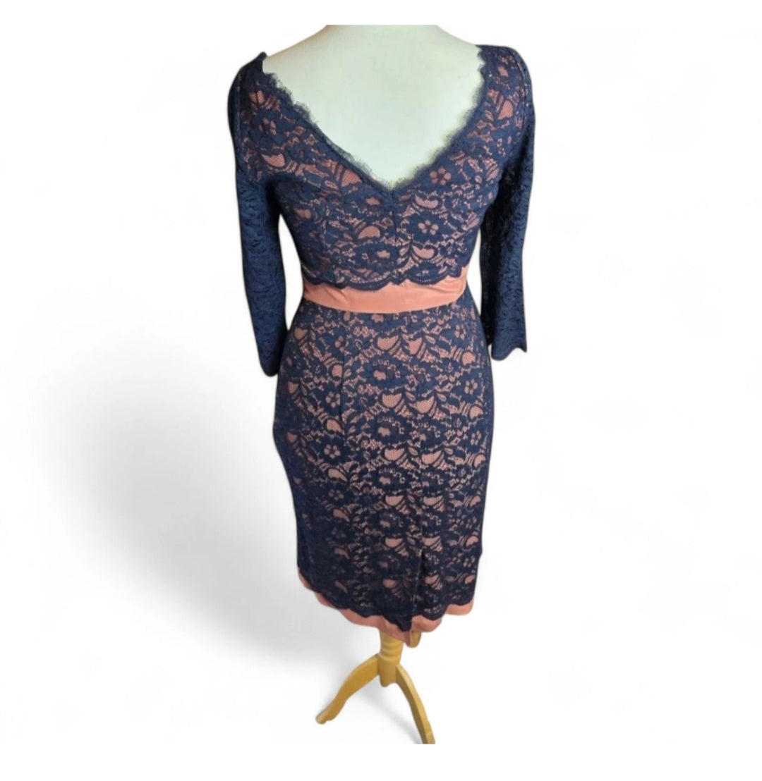 Boden Navy & Beige Lace Dress – Size 10, A-Line, 3/4 Sleeves, Knee-Length, Elegant Party Style