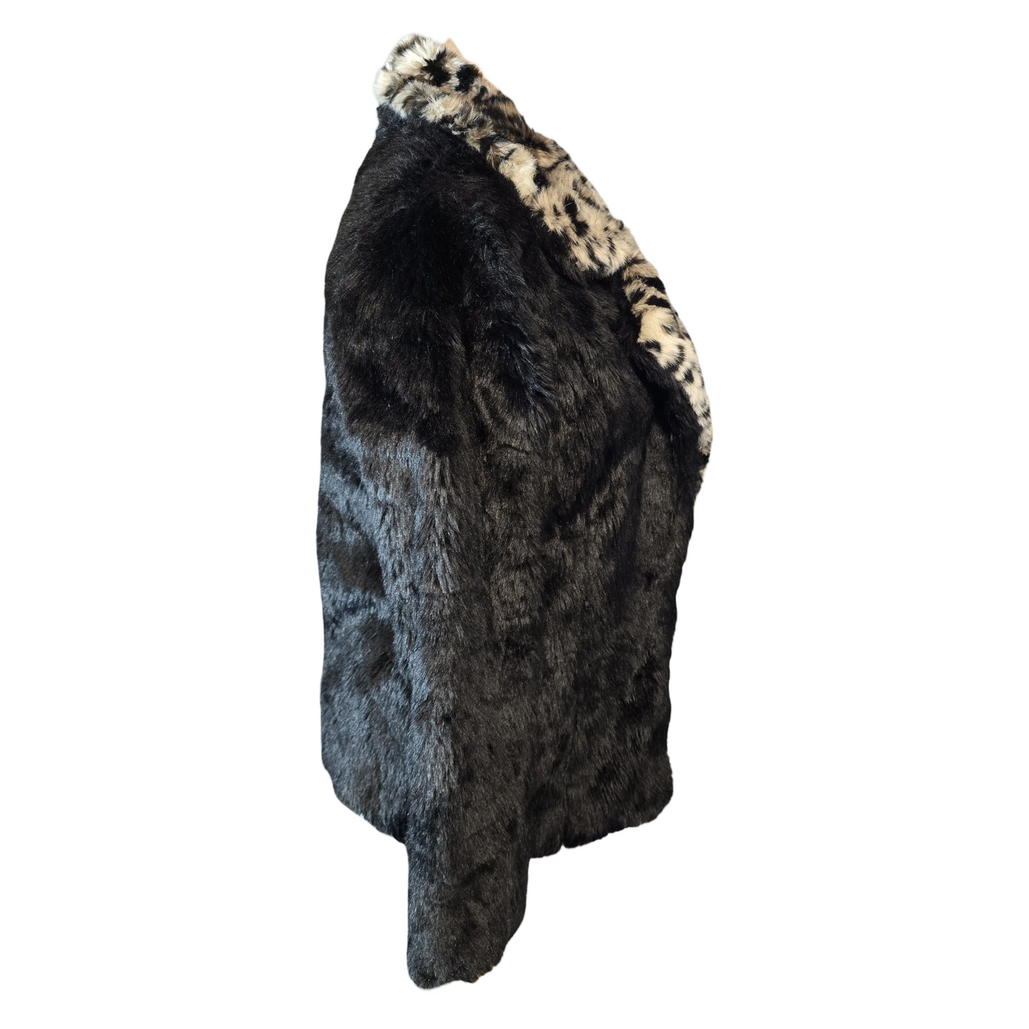 Glamorous Black & Beige Animal Faux Fur Coat – Size 8 – Mid Length, Lined