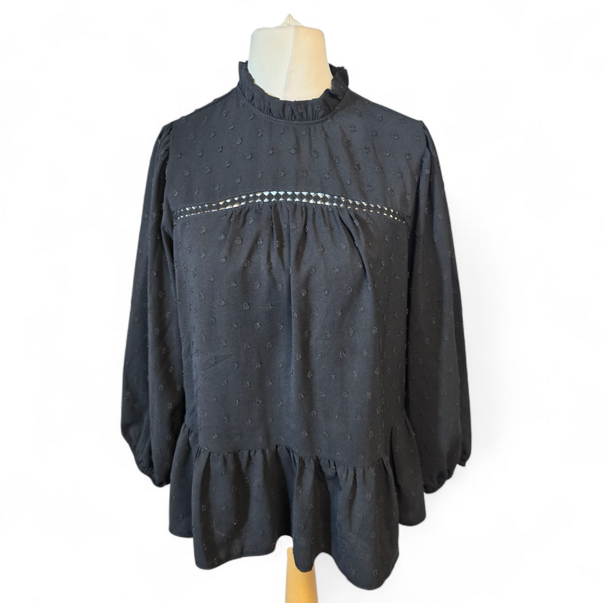 Matalan Black Peplum Blouse – Frilly Neck, ¾ Sleeves & Embossed Polka Dot Design – Size 16
